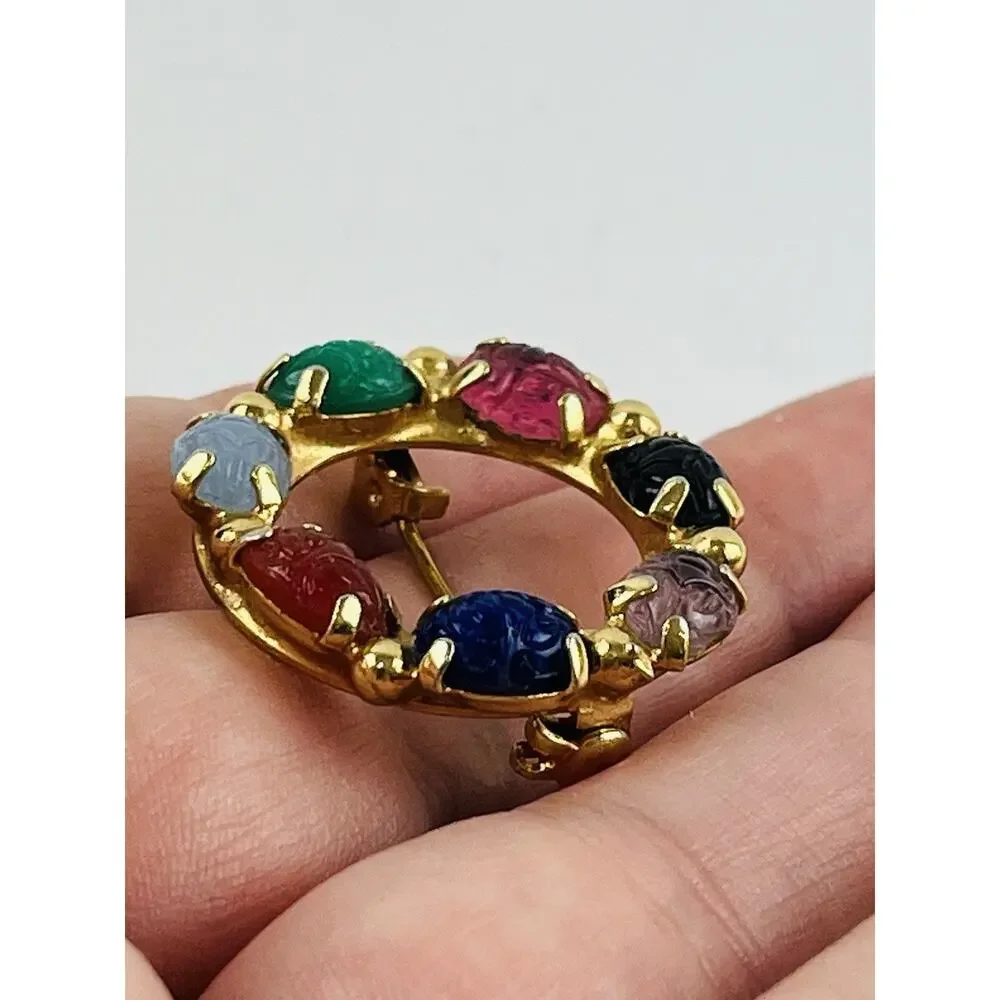 Vintage Gold Tone Multicolor Scarab Stone Pin Brooch Round Blue Pink Green Red P
